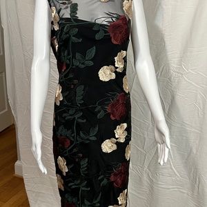 Black/Cranberry/beige floral screen dress